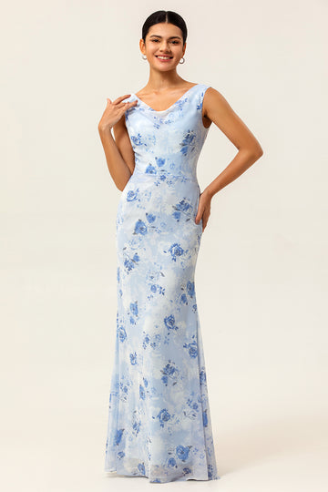Blue Floral Sheath Cowl Neck Long Wedding Guest Dress